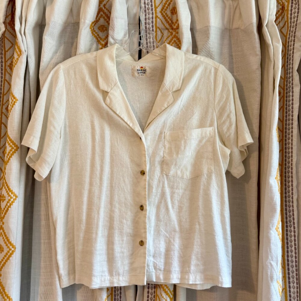 MARINE LAYER Women's XS White Hemp Blend Short Sleeve Button Shirt